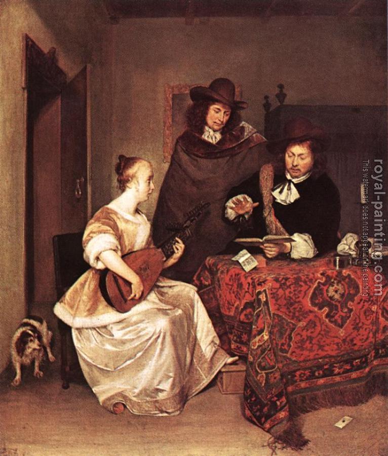 Gerard Ter Borch : A Young Woman Playing A Theorbo To Two Men